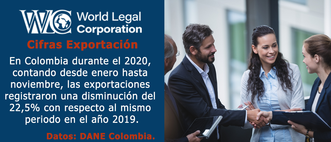 En Colombia durante el 2020, contando desde enero hasta noviembre, las exportaciones registraron una disminucin del 22,5% con respecto al mismo periodo en el ao 2019